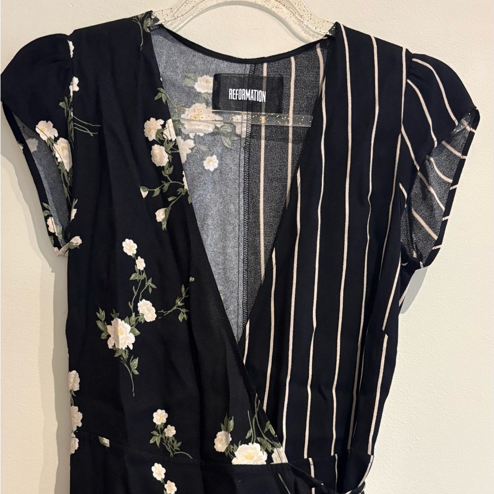 Reformation Black Sabrina Floral Striped Wrap Dress XS - Picture 7 of 10